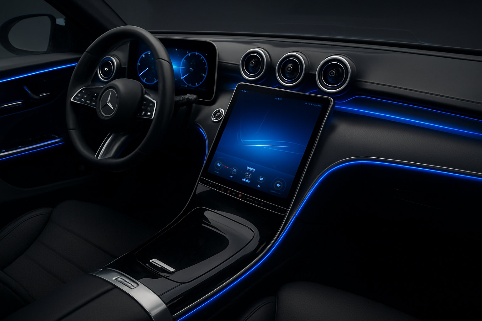 Interior do Mercedes-Benz Classe C 2027 com painel digital e iluminação ambiente