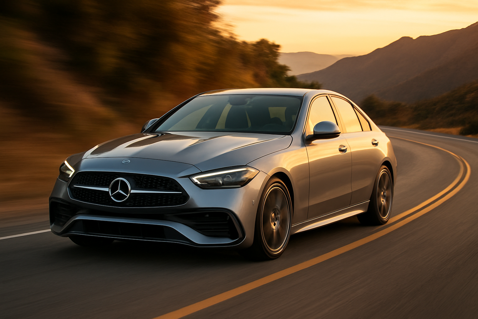 Mercedes-Benz Classe C 2027 em estrada de montanha ao entardecer