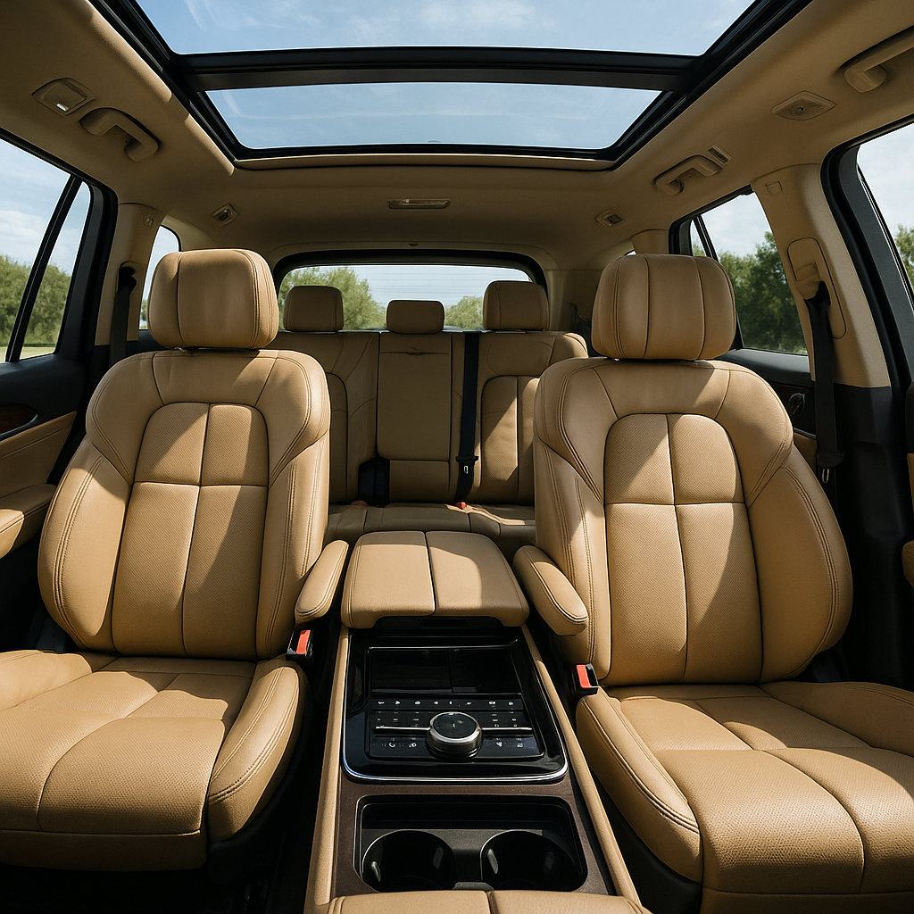 Interior luxuoso do GAC GS9 com 6 lugares e poltronas executivas