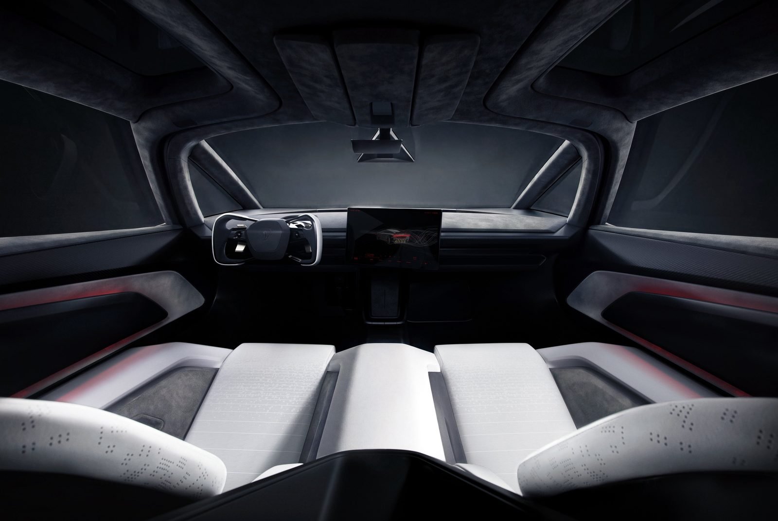 Interior do Tesla Roadster 2026 com volante tipo yoke e acabamento claro
